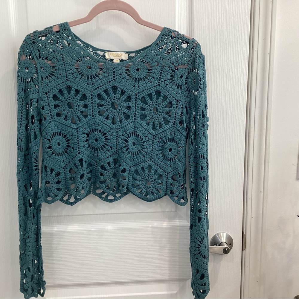 Teal Crochet Long Sleeve Top - Picture 2 of 4